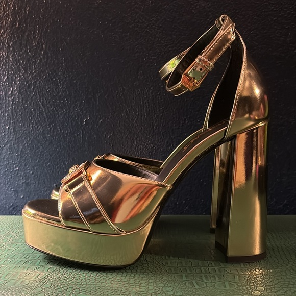 Versace mirror gold 120mm platform sandal with Medusa buckle and gold hardware